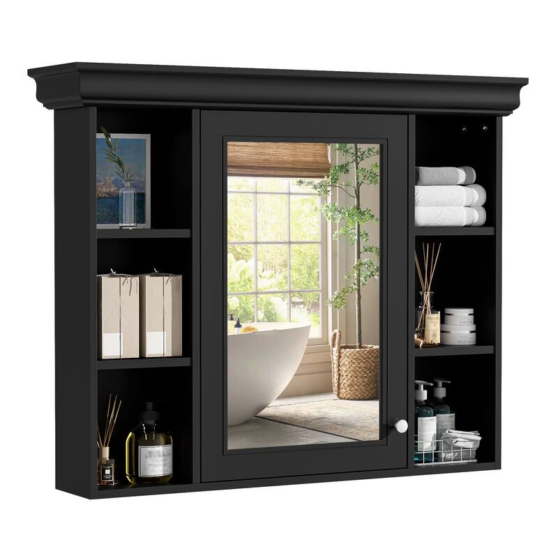 35" x 28" Black Wall Mounted Bathroom Storage Cabinet with Mirror Door, Modern Bathroom Wall Cabinet with Mirror