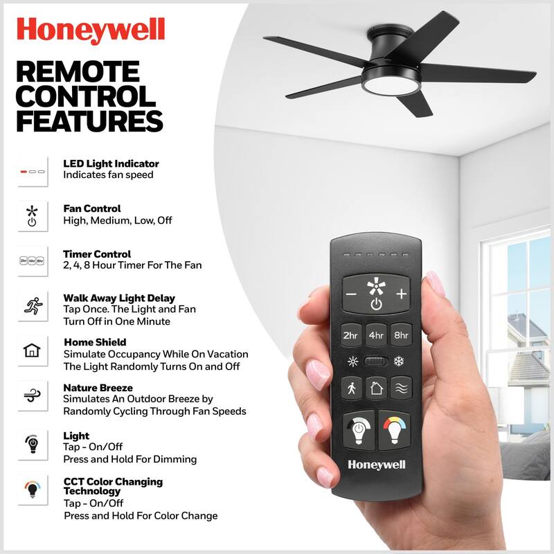 52" Honeywell Tynesdale Contemporary Ceiling Fan with Color Changing Light, Remote Control - 52 Inches