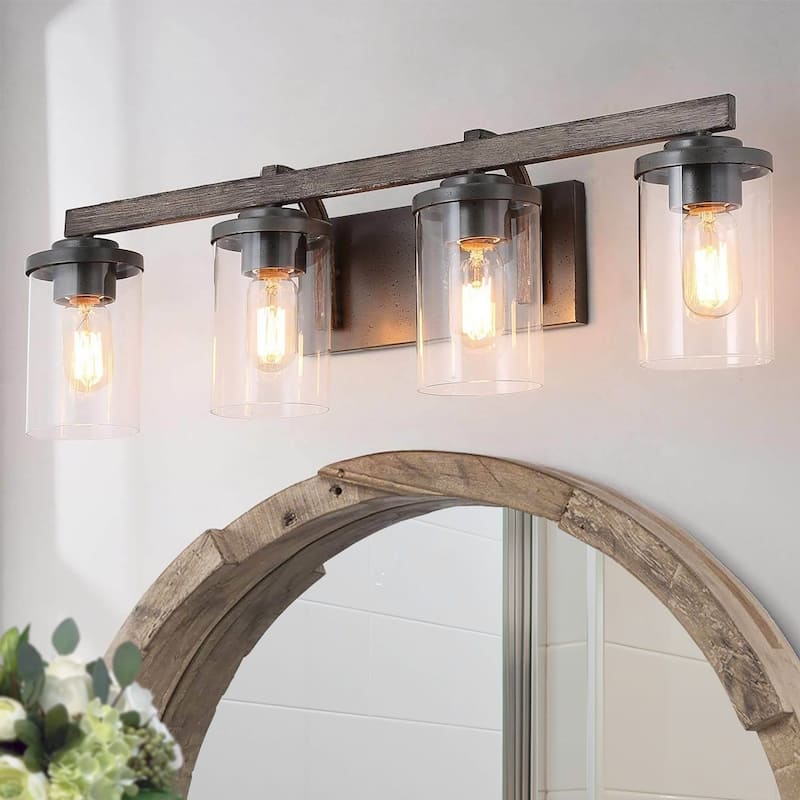 Farmhouse 3/4-Light Bathroom Vanity Light Cylinder Glass Wall sconces - W28"xH8.7"xE6.3" - 4-Light