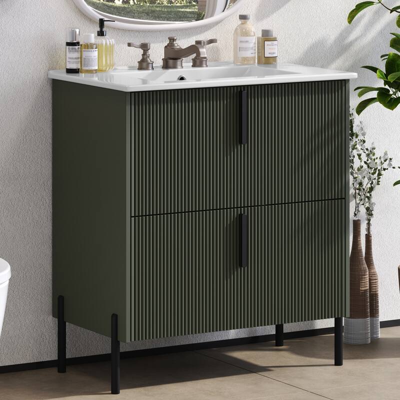 30" Bathroom Vanity with Ceramic Sink and Full-Extension Drawers, Soft Close Undermount Drawer Slides, Fluted Design - Green