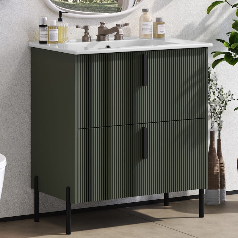 30-Inch Bathroom Vanity with a Ceramic Sink, Full-Extension Drawers, Soft-Close Undermount Slides, and a Fluted Design.