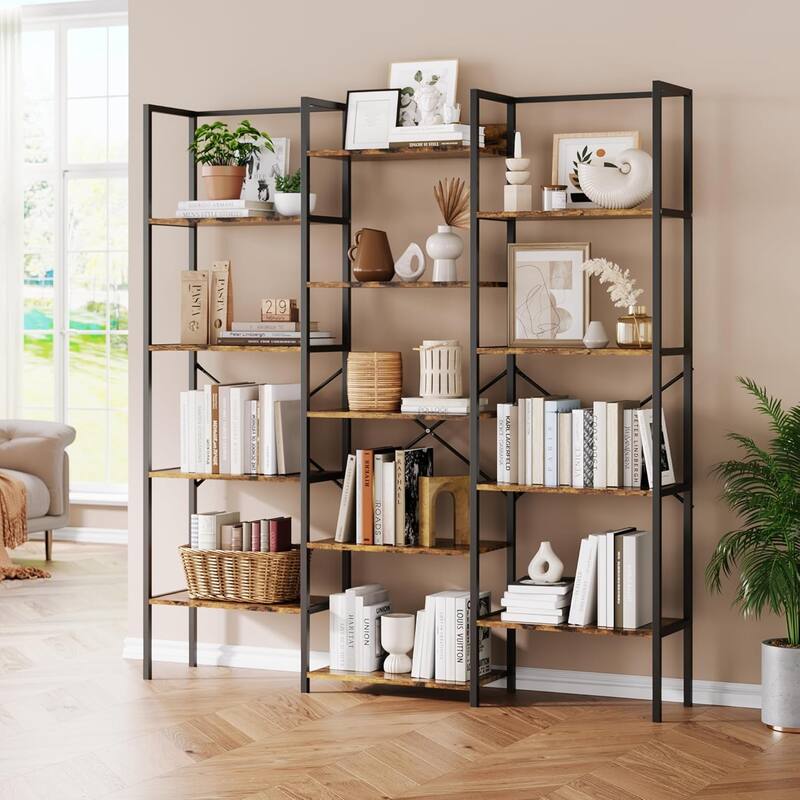 Triple Column 5-Tier Bookshelf, Rustic Industrial Bookshelf with Frame