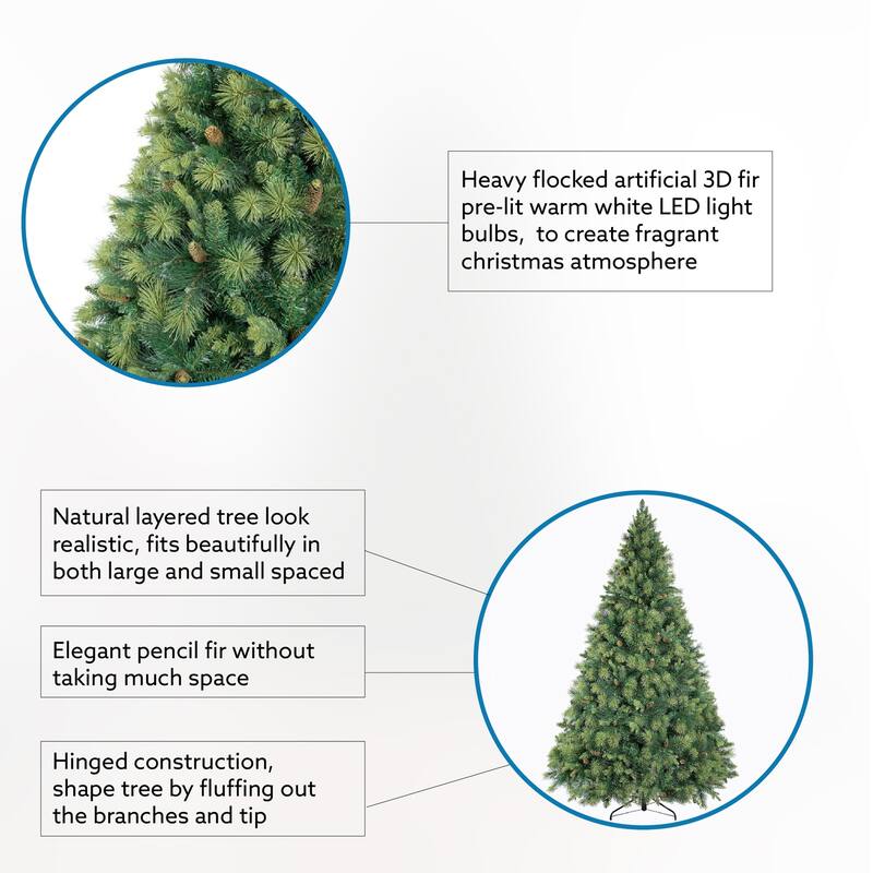 Real Tree Mimic Pre-Lit Artificial Christmas Tree with Fluffy PVC Branches, Folding Metal Base, and Easy 3-Step Assembly