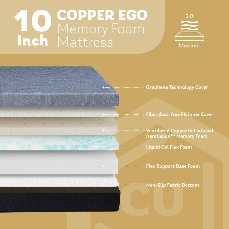 EGOHOME Copper 10 Inch Medium Gel Memory Foam Mattress
