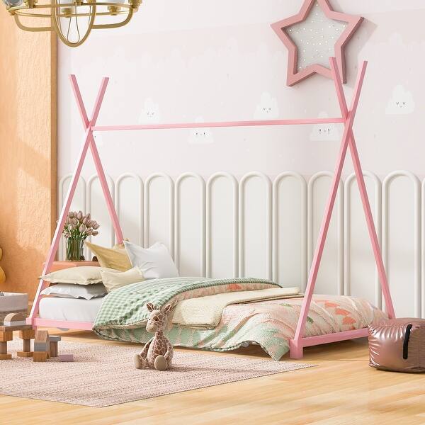 slide 2 of 34, Metal Twin Size House Platform Kids Bed Frame with Triangle Structure, Pink Pink