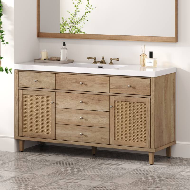 60" Bathroom Vanity with SMC Sink,Large Storage Bathroom Storage Cabinet with Soft Close Drawers and Rattan Doors, 5 Pine Legs