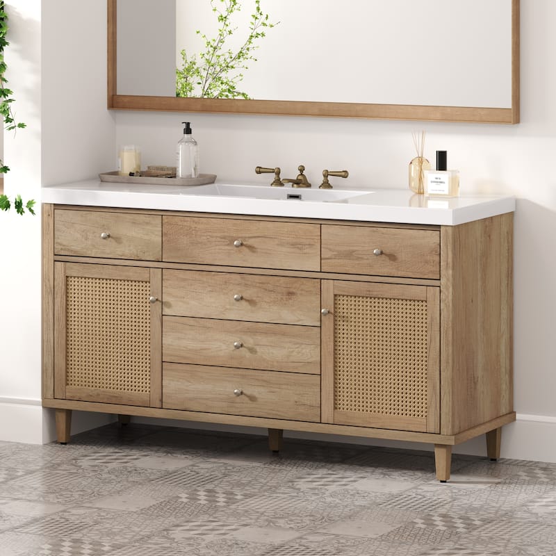 Christopher Knight Home - Emery 60" Bathroom Vanity with SMC Sink, Natural Finish for Modern Large Storage Cabinet