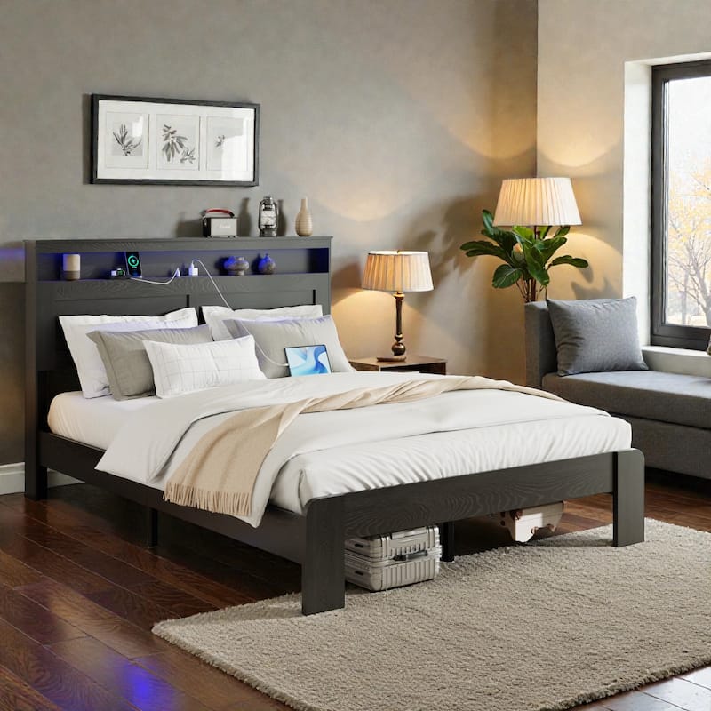 Wood Platform Bed Frame with Storage LED Headboard, 2 USB Ports, Metal Frame, No Box Spring Needed