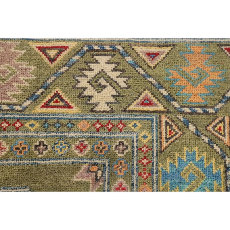 Geometric Kazak Oriental Area Rug Handmade Green Wool Carpet - 4'0" x 6'2"