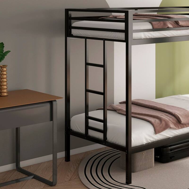 Twin Over Twin Metal Bunk Bed with Ladder and Guardrails
