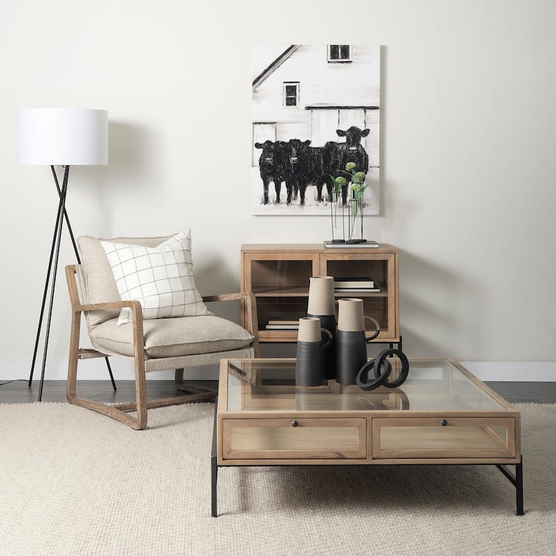 Arelius Light Brown Solid Wood w/ Black Iron Frame & 2 Glass Doors Accent Cabinet - 36.0L x 18.0W x 32.0H
