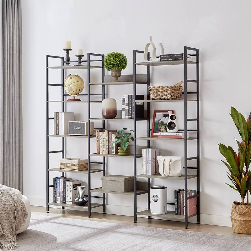Industrial Triple Wide Wooden 5-shelf Bookshelves