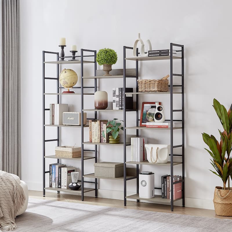 Triple Wide 5-shelf Bookshelves Industrial Retro Wooden Style Home