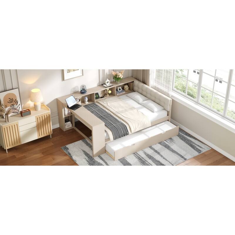 Roomfitters Twin/Full Wood Platform Bed with Trundle, Charging Station and Upholstered Headboard