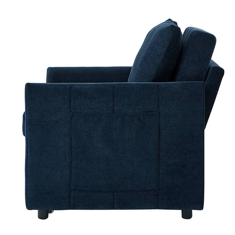 Upholstered Convertible Sleeper Sofa with 5-Position Adjustable Backrest, Side Pockets and Storage Basket, Blue