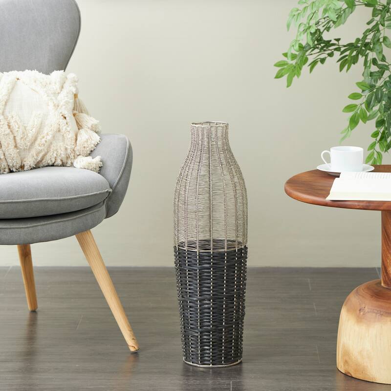 Silver Metal Tall Vase with Woven Black Rattan Base
