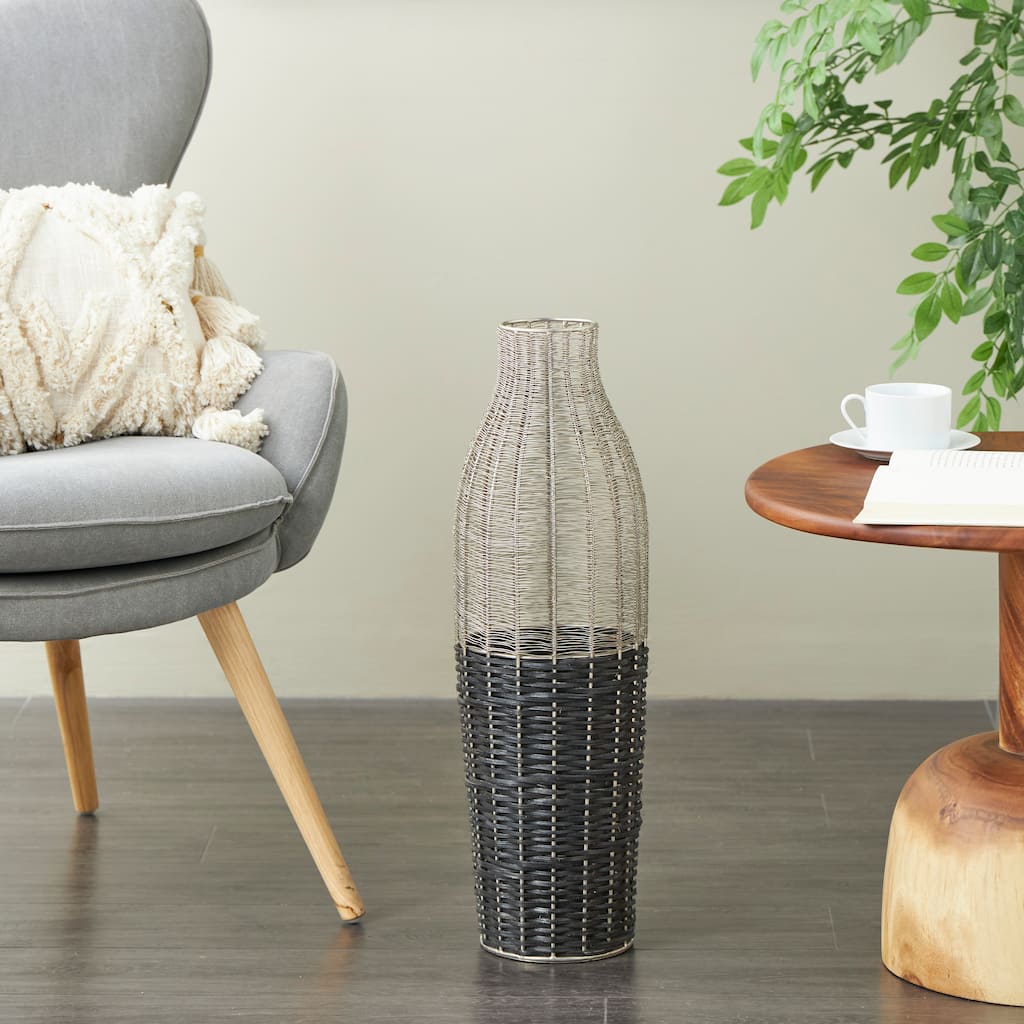 Silver Metal Tall Vase with Woven Black Rattan Base