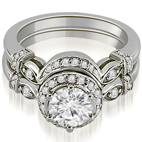 1.27 CT Halo Antique Round Cut Diamond Engagement Set in 14KT Gold - White H-I