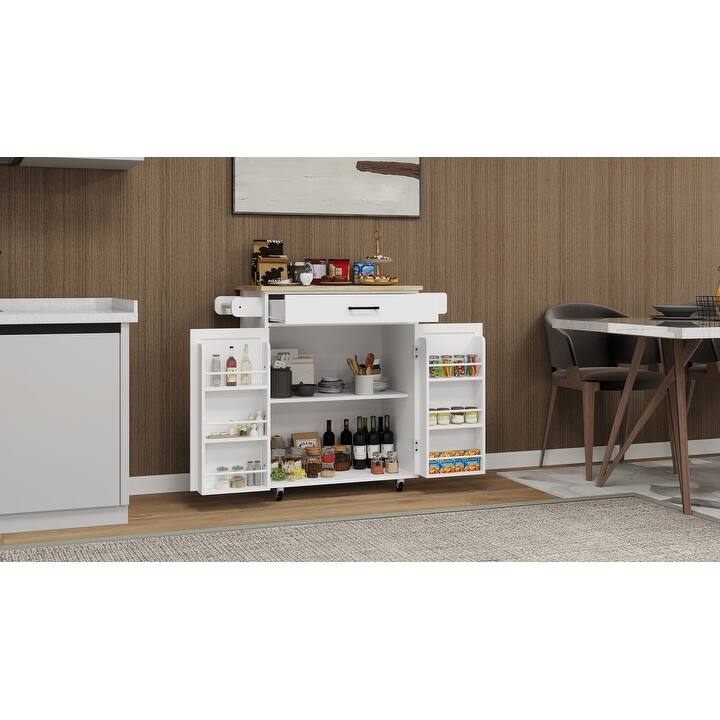 White Farmhouse Kitchen Island Cart with Drawer, Adjustable Shelves & Wheels