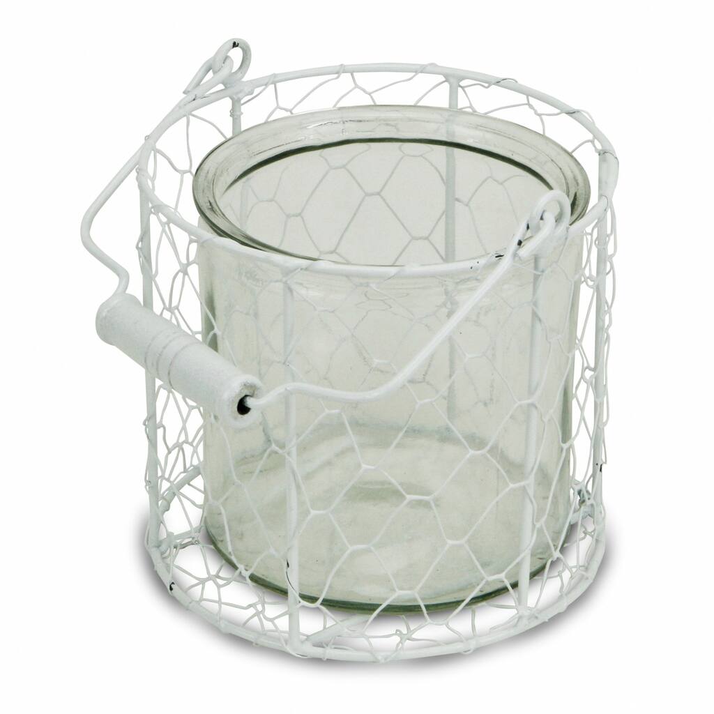 HomeRoots 5.25 White and Clear Wire Basket and Glass Jar - 5.25" H x 5.5" W x 5.5" D