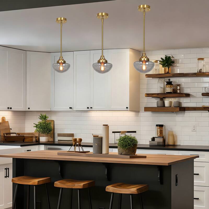 Modern 1-Light Gold Kitchen Island Pendant Light Grey Glass Hanging Light for Dining Room - 8.5"Dia x 22"H