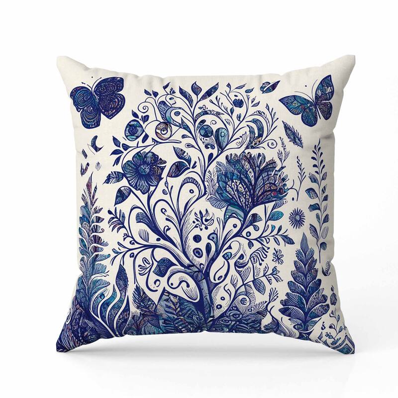 Winged Gardenia Indoor/Outdoor Reversible Throw Pillow Blue and Ivory