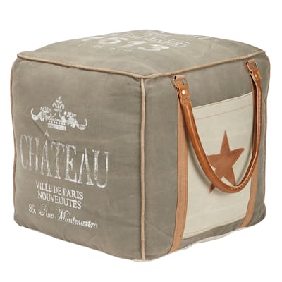 Canvas Pouf with Leather Handles - Gray, Brown, White, Cream or Beige - Roche River Decor