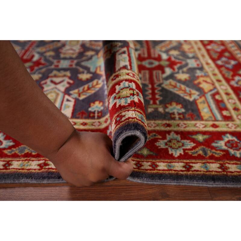Geometric Kazak Accent Rug Hand-Knotted Blue Wool Carpet - 2'9" x 4'1"