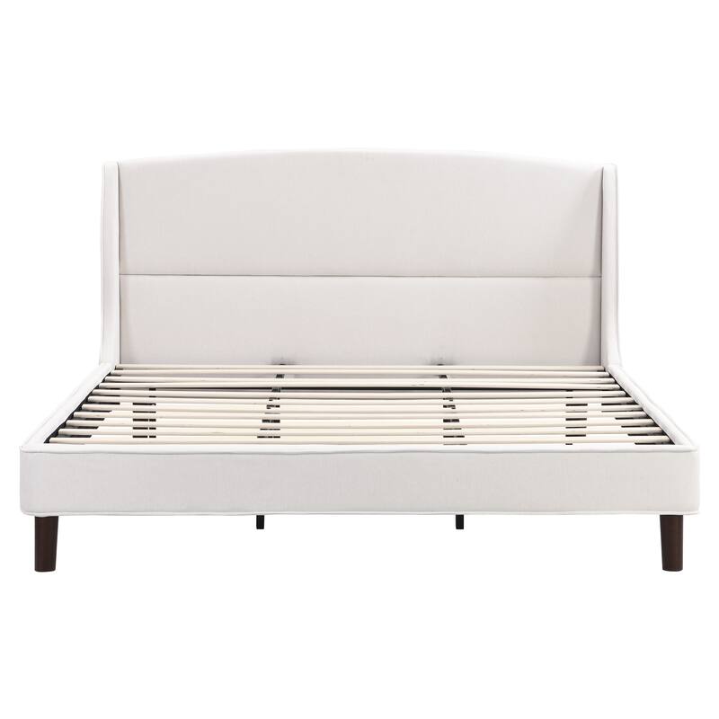 Beige Upholstered Fabric Frame Bed with Wingback Headboard, King Size Platform Bed with Wood Slat and Metal Support