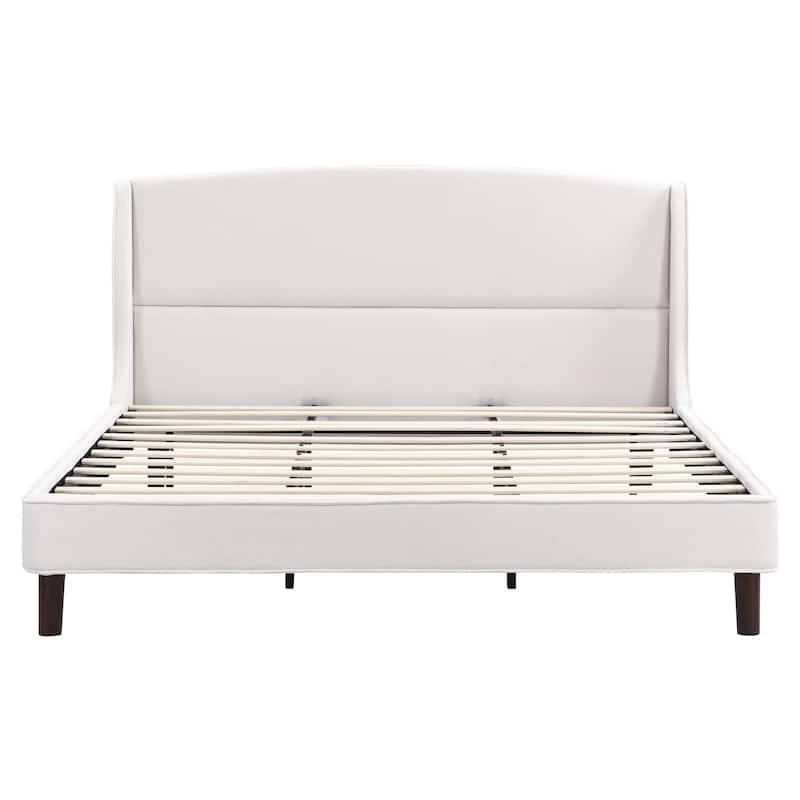 King Size Bed Frame with Wood Slat Frame Built-in Metal Legs Support, Linen Fabric Upholstered Headboard Wingback Platform Bed
