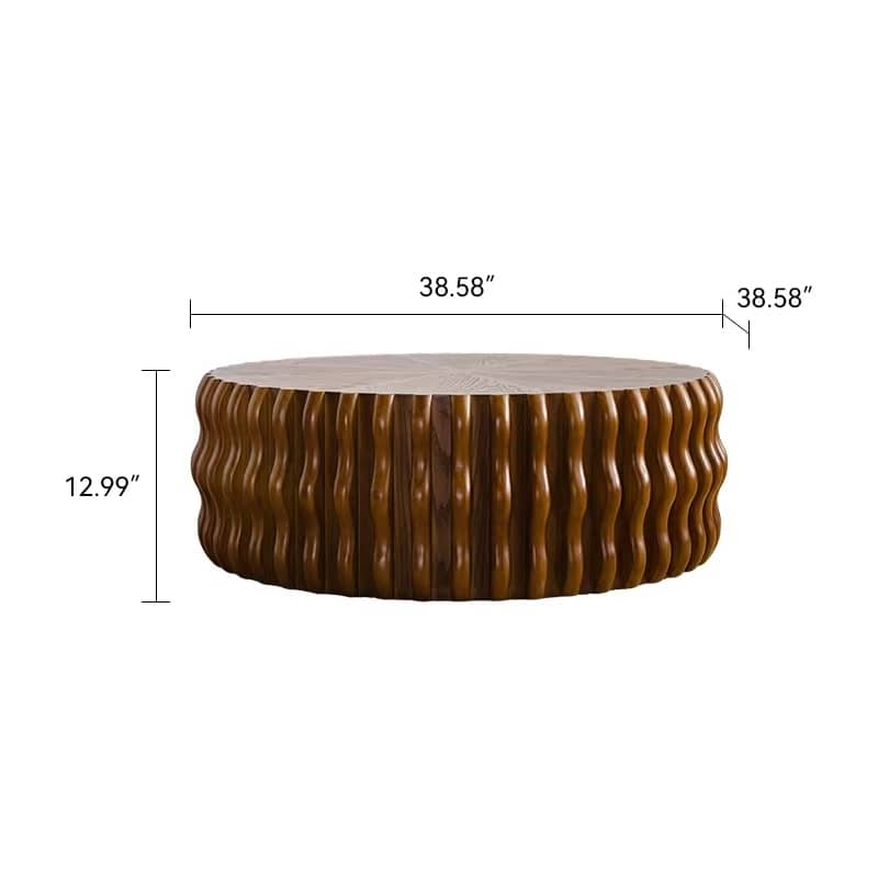 Drum Fluted Round Coffee Table Modern Circle Center Coffee Tables with Complex Grooved Gear Design and Sturdy Pedestal