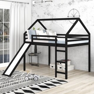 Espresso Solid Pine Wood Loft Bed with Slide and House-Shaped Roof ...