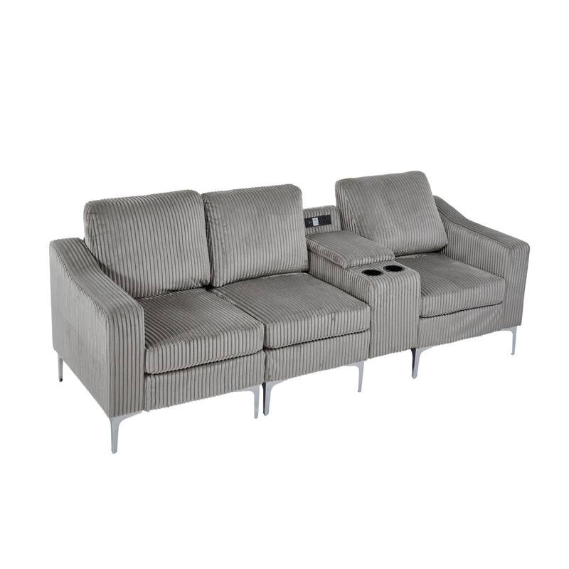 Modern 3-Seat Modular Corduroy Sectional Sofa with USB Ports and Cup Holders for Living Room Apartment