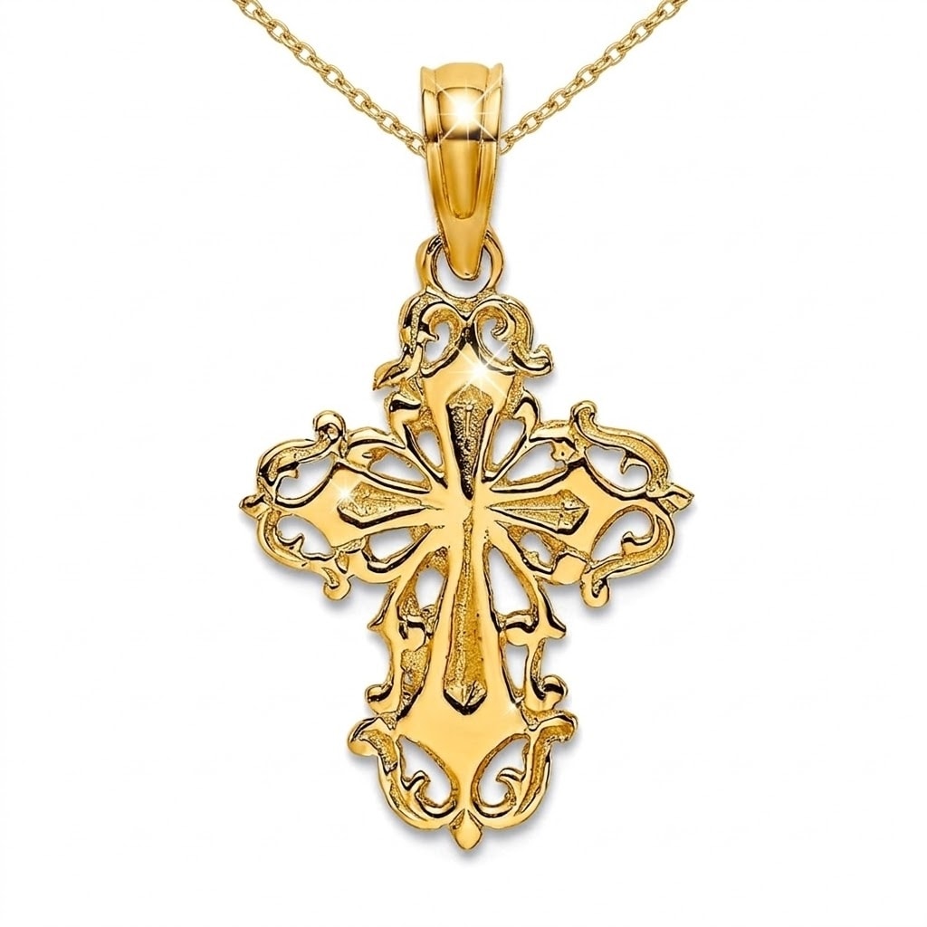 Curata 14k Yellow Gold Small Ornate Cross Pendant Necklace 12mm x20mm