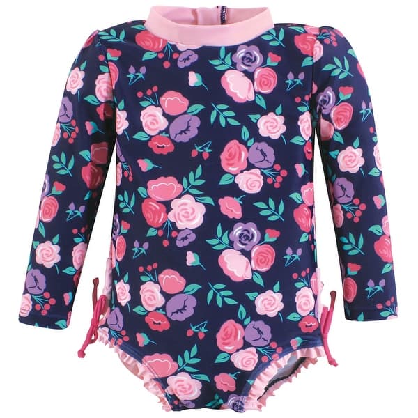 slide 1 of 1, Hudson Baby Girls Rashguard Toddler Swimsuit, Navy Bright Pink Floral 2T - Navy Bright Pink Floral Toddler