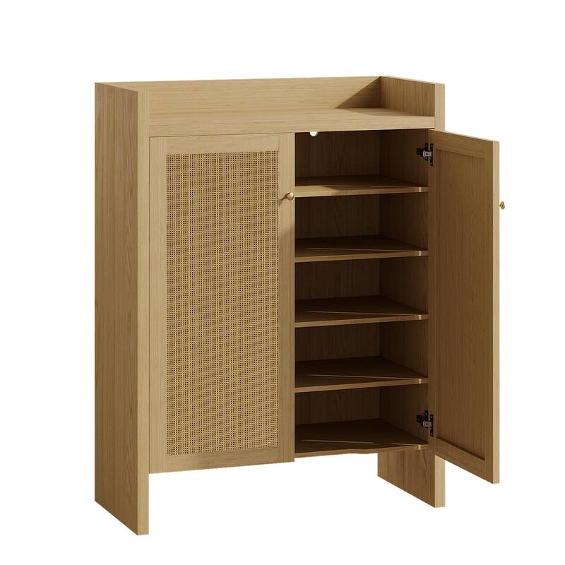 Anmytek Walnut Rattan Shoe Cabinet with Doors and 6 Tier Adjustable Shelves Wooden Entryway Shoe Organizer