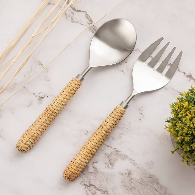 Set of 2 Stainless Steel & Wood Handle Salad Set