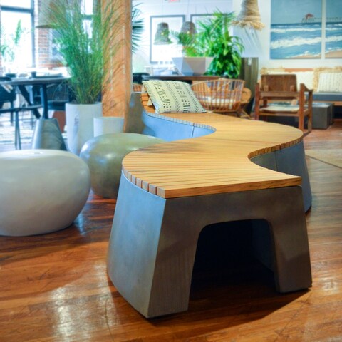 Ezra 67-inch Indoor-Outdoor Curved Concrete and Teak Bench - N/A
