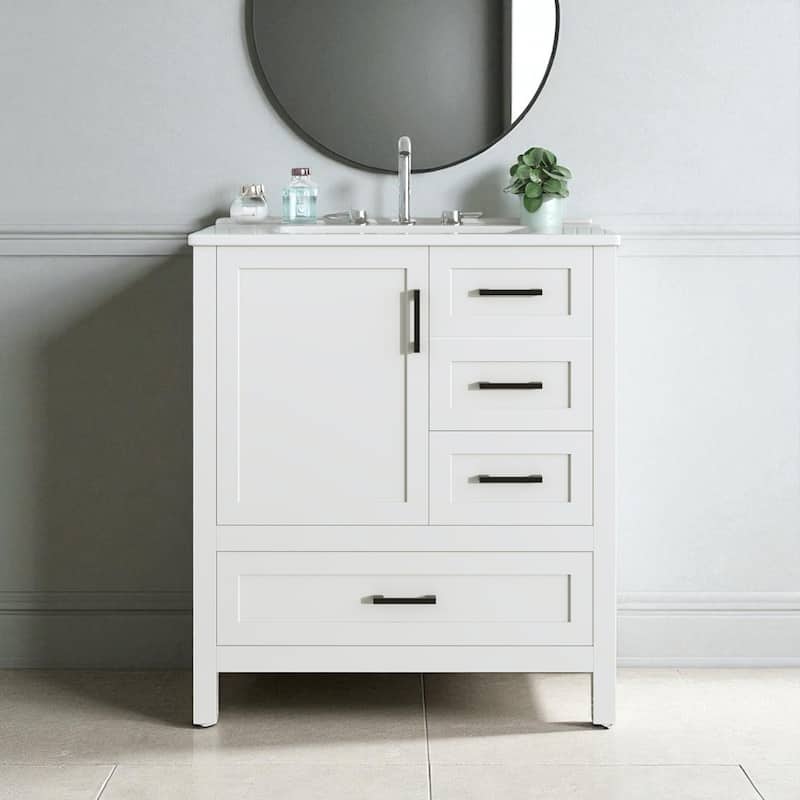 30" Bathroom Vanity with Ceramic Sink, Soft-Close Doors & Drawers, Solid Wood Frame, Modern Storage Cabinet - White