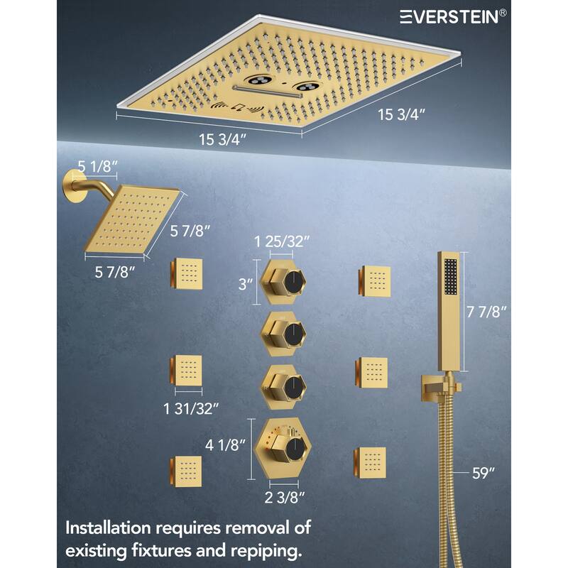Shower Faucet Set Dual Heads with 3 Spray Modes 16" Ceiling and 6" Wall Mount Body Jets Handheld Spray LED Music