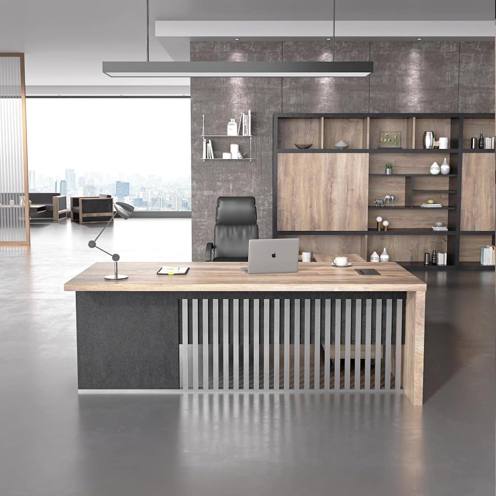 WESOME L-shaped Executive Office Desk with 2 Drawers 4 Wheels File Cabinets Cable Management