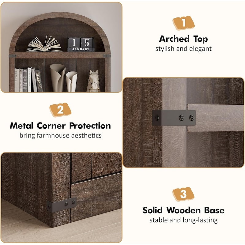 71.65" Tall Farmhouse 3-Tier Arched Bookcase, Display Storage Shelf - N/A