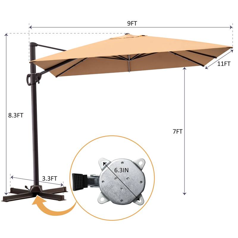 9 FT x 11 FT Outdoor Patio Cantilever-Offset Umbrella with Rod Base