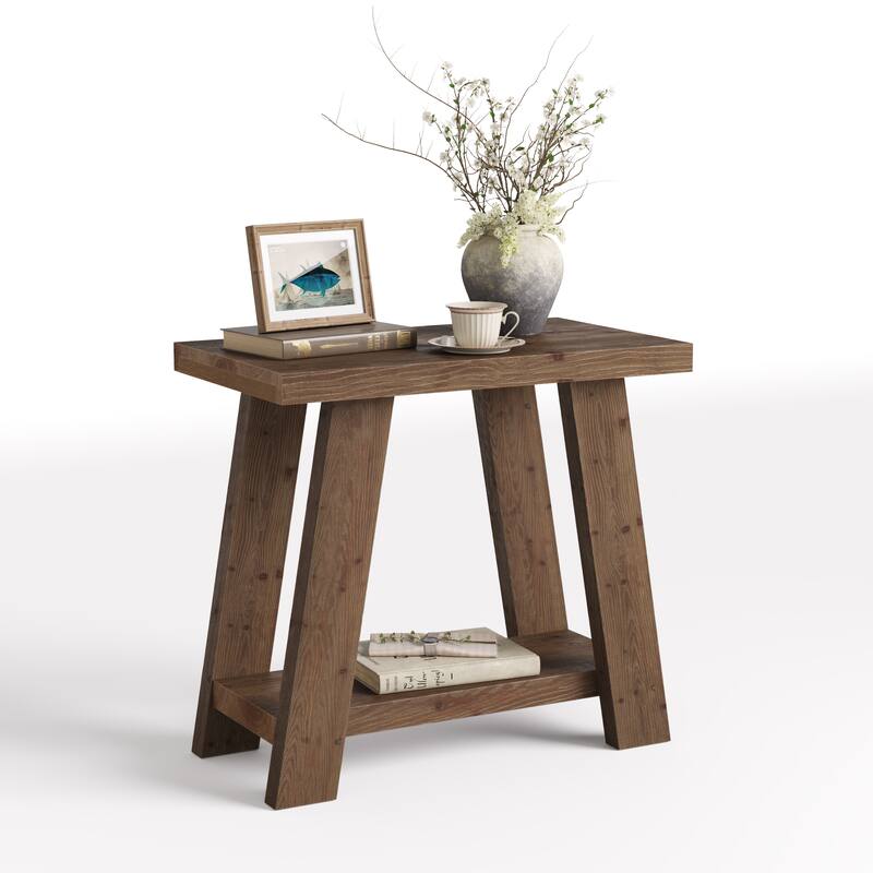 Solid Wood End Table, Small Side Table with 2-Tier Storage Shelf for Living Room, Easy Assembly