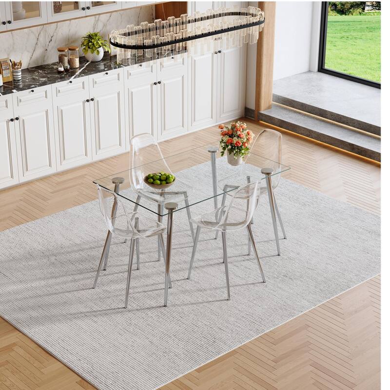 Modern Luxurious Rectangular Tempered Glass Dining Table Set- with 4 Transparent Plastic Dining Chair