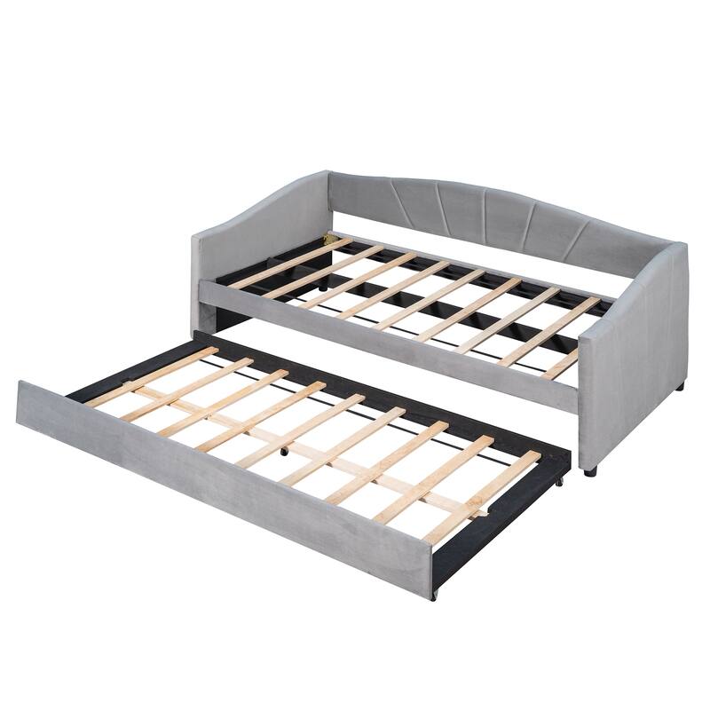 Twin Size Upholstered Daybed with Trundle, Wooden Tufted Sofa Bed Frame with 2 Drawers Underneath & Wood Slat Support
