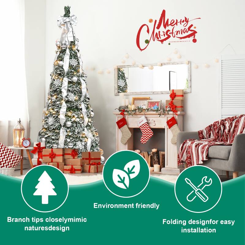 6FT Flocked Pop-Up Christmas Tree with 150 Warm White UL Lights -Pre-Decorated with Ornaments, Snowflakes, Ribbons & Large Bow