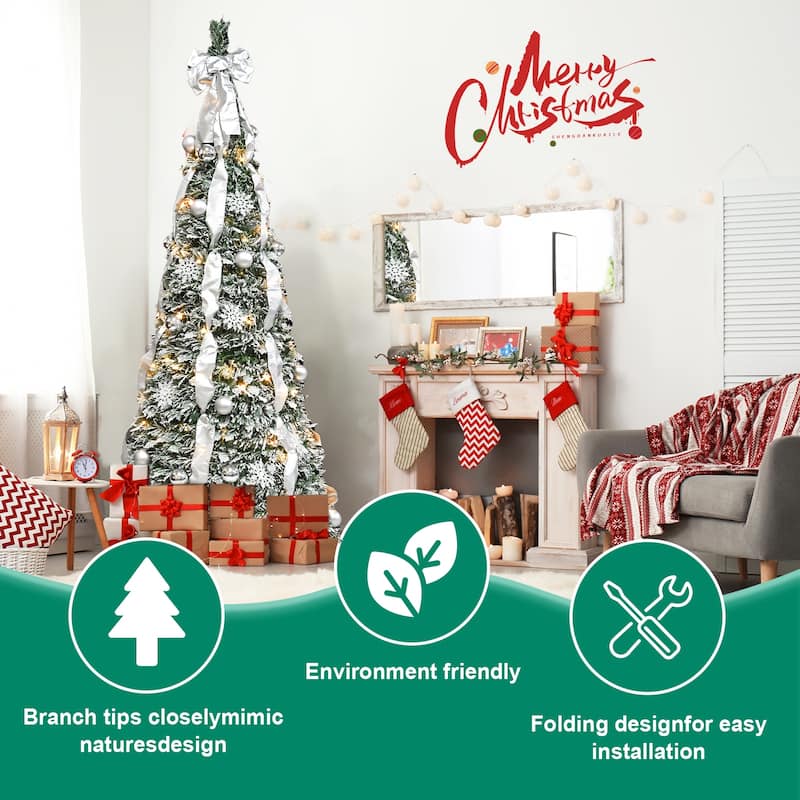 6FT Flocked Pop-Up Christmas Tree with 150 Warm White UL Lights-Pre-Decorated with Ornaments, Snowflakes, Ribbons & Large Bow