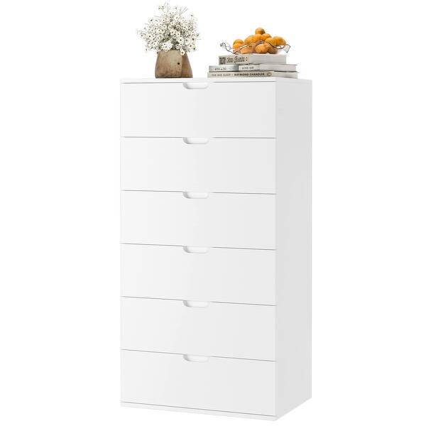 White Tall Dresser for Bedroom with 6 Drawer, Modern Wood Chest of