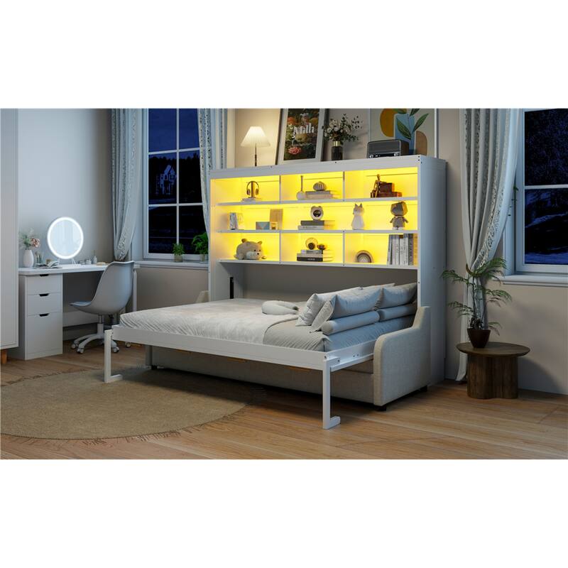 Roomfitters Queen Murphy Cabinet Bed with Folding Sofa, LED Light and Storage, Beige